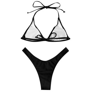 [Ladymiss] Women Sexy Solid Push Up High Cut Lace Up Halter Bikini Set Two Piece Swimsuit (9)