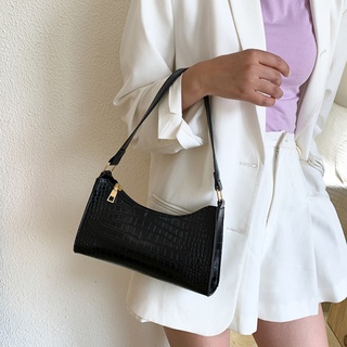 【Dinner bag】Retro Crocodile Pattern Baguette Bag Women Fashion PU Leather Armpit Bag French Shoulder (4)