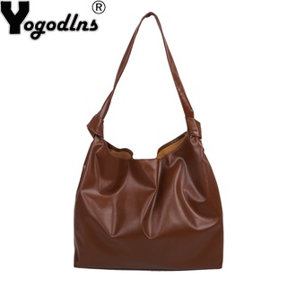Yogodlns Vintage Large Capacity Shoulder Bag Female PU Leather Solid Color Shopping Tote Bag