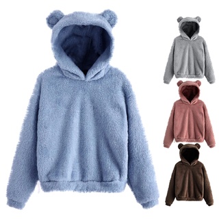 Women's Long Sleeve Fleece Sweatshirt Warm Bear Shape Fuzzy Hoodie Pullover