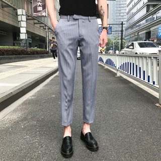 Korean Fashion Slim Fit Office Pants For Men Slacks Formal Spring And Autumn Stripe Suit Pants Youth Skinny Straight Mens Trousers Casual Ankle Length Male Trouser (5)