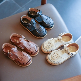Trendy Girls British Style Vintage Sandals 1-8 Years Old Kids Flat Shoes Soft Leather Velcro Shoes