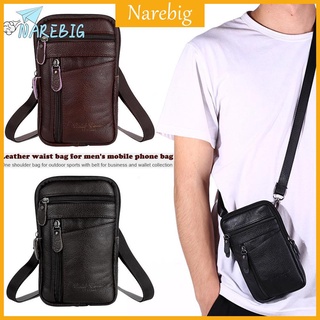 ♡NAREBIG♡Genuine Leather Men Shoulder Bag Business Casual Phone Pouch Solid Color Small Zipper Male Travel Sports