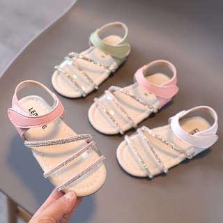 Girls Sandals Princess Ribbon Rhinestone One-line Princess Soft Sole Sandals