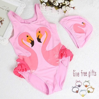 {Spot}Children's One-Piece Swimsuit Flamingo Briefs with Hood 1-8 Years Old Baby Swimwear OV0G
