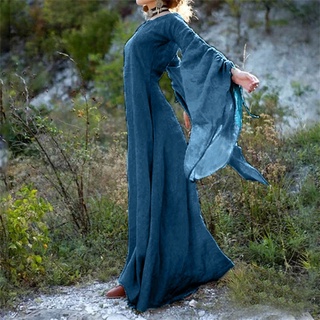 Autumn Vintage Victorian Classical Elegant Dress Medieval Renaissance Round Neck Flared Sleeves