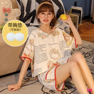 Y☌Pajamas with breast pads, women s summer short-sleeved shorts, two-piece suit, thin cotton, women (8)