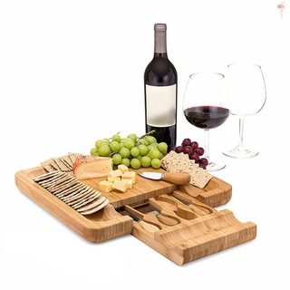X&S Bamboo Cheese Cutting Board with Knife Set Wooden Serving Tray for Charcuterie Meat Platter Fruit Crackers Slide Out Drawer with 4 Stainless Steel Knives