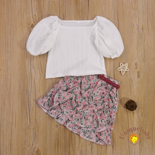 ☀UniGirls Clothes Set, Solid Color Short Puff Sleeve Square Collar Tops + Floral Print Skirt with Waistband