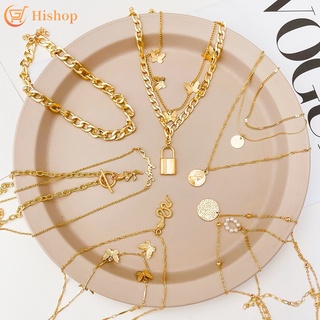 Multilayer Gold Necklace Vintage Butterfly Snake Lock Pendant Chain Choker Women Jewelry Accessories
