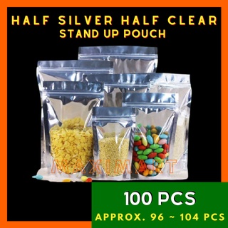 100 pcs Half Silver Aluminum Half Clear Stand Up Pouch with Zip Lock Packaging Ziplock Resealable