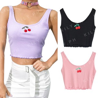 Kily.PH Cherry Embroidered Crop Top Sleeveless Knitted Lettuce Top 6A0107