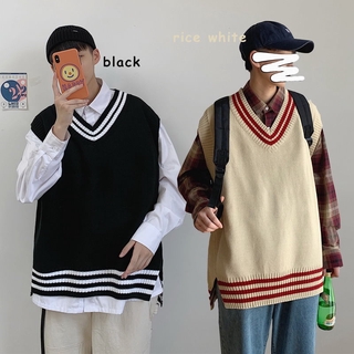 【3 color】Youth Popular Student Color Matching Vest for Men Korean Fashion All-match Knitted Vest Unisex Japanese Loose Casual Sleeveless Tops Male V-neck Sleeveless Sweater Vest