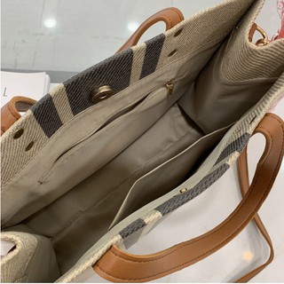 【Original & instock】Korean version of women’s portable briefcase, professional commuter stripe, simple one-shoulder large bag ins large-capacity canvas (4)