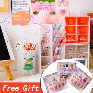 ( free gift Stickers)Korean-StyleinsStorage Box Simple and Versatile Desktop Storage Container Four-Grid Oblique Pen Holder Makeup Brush Lipstick Storage Box