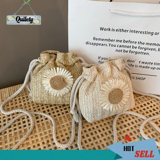 2022 Women Summer Sunflower Rattan Drawstring BagStraw Bags Handmade Weave Bucket Bags Beach Small