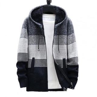 Men Knitted Coat Color Block Hooded Autumn Winter Thicken Plush Warm Cardigan Sweater Thicken Plush1
