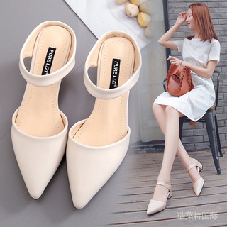 New Baotou Mid Heel Slippers Female Pointed Toe Ankle-Strap Sandals Chunky Heel Semi-Slipper