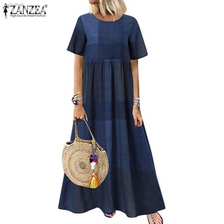 cod✾❈ZANZEA Women Casual Short Sleeve O-Neck Vintage Plaid Long Maxi Dress