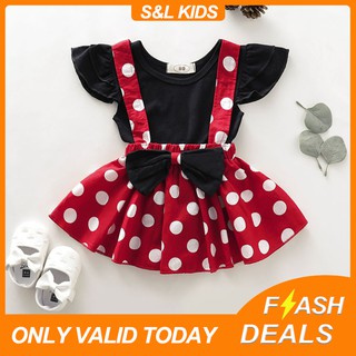 Minnie Mouse Dress for Baby Girls 1 Year Old Mickey Polka dot Suspender Skirt Set for Toddler Baby