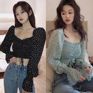 Fashion Tops Square Collar Sexy Korean Top Pleated Small Floral Print Chiffon Crop Top oversized shirt (1)