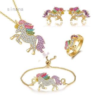 4PCS Lucky Unicorn Necklace Bracelet Adjustable Ring Women Classic Unicorn Gift