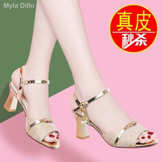 COD Mid-heel leather sandals women 2021 new fashion middle-aged mother thick-heeled elegant summer g