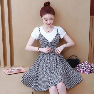 2 In 1 Jumper Skirt Checkered Dress Cotton Short Sleeves