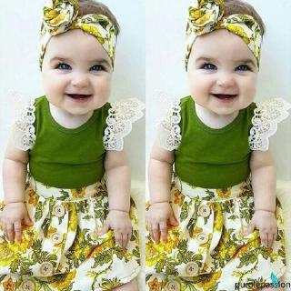 BღBღ✿Baby Girls Green Floral Clothes Tops Romper + Skirts + Headband Summer Toddler Outfits 3pcs Set 0-24M