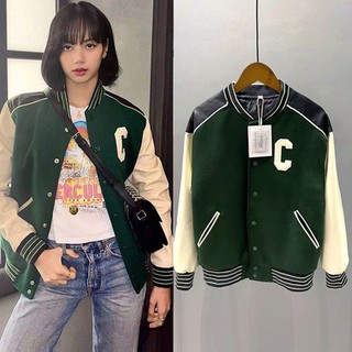 【COD Ready Stock】 Blackpink Lisa Korean Baseball Uniform Short Coat College Style Faux Leather Stit