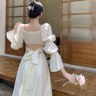 Sweet Style Beautiful Back Puff Sleeve Dress Women's New French Square Collar Design StrapALine Skir (1)
