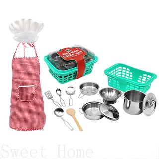 14pcs Kitchen Pretend Play Toys Stainless Steel Cookware Pots Pans Utensils Apron Chef Hat SWHM