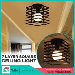 EBUY 7 Layer Square Vintage Ceiling Lights Iron Black Ceiling Lamp Retro Cage Light Kitchen Fixtures