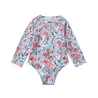 □♘【Ready Stock】Kids Toddle Girl Swimwear Long Sleeve Flamingos Printed Beachwear Swimsuit