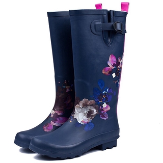 COD Female Boots Fashion Navy Blue Flowers Rain Boots Women Knee High Long Boots Rubber Non-slip Platform Shoes Woman Large Size