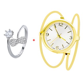 Silver Kingdom Original 92.5 Italy Silver Ring and Double Twisted Gold Plated Bangle Watch R341+W024