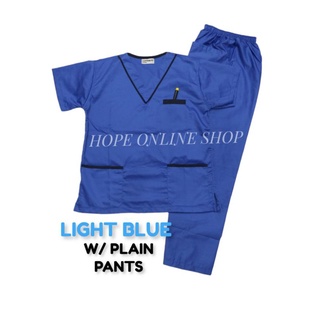 Scrub suit set LIGHT BLUE w/ navy blue piping plain pants(unisex)