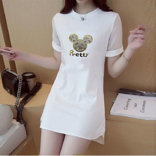 new2021 women's mid-length Korean version of the round neck short-sleeved T-shirt white dress over the hips all-match mesh dress lace shirt