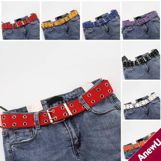 Wide Canvas Belts Casual Double Hollow Hole Buckle Belt Adjustable Solid Color Waist Strap for Jeans
