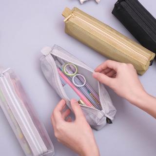 Simple Transparent Student Pen Pencil Case Nylon Mesh Pouch Makeup Bag Zipper