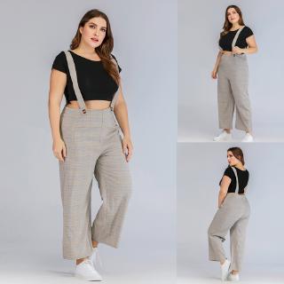 L-4XL Women Big Size Overall Plaid Side Pocket Loose Plus Size Wide Pants 1626 (1)