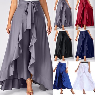 ❦bsjstore❦Womens Grey Side Zipper Tie Front Overlay Pants Ruffle Skirt Bow Long Skirt