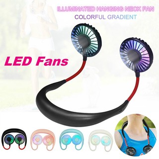 Newest Creative LED Light USB Rechargeable Neckband Lazy Neck Hanging Style Dual Cooling Fan