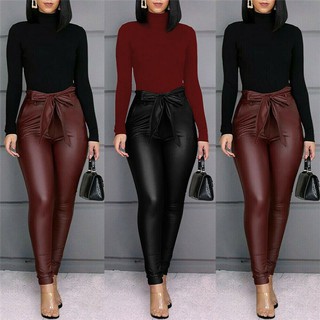 Fashion Women Faux Leather Sexy Thin Black PU Leggings Calzas Mujer Stretchy Casual Pencil Pants Ela