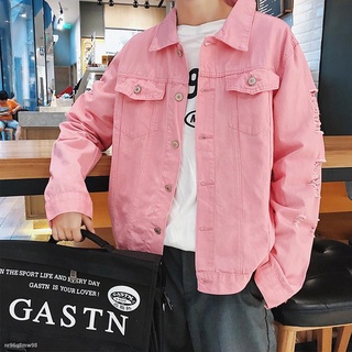 ♛【S-2XL】Denim Jacket Men Ripped Holes Mens Pink Jean Jackets New 2020 Garment Washed Mens Denim Coat