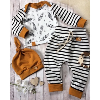 Newborn Baby Clothes Set Baby Boy Girl Hooded Feather T Shirt Tops Striped Shorts Pants Clothes
