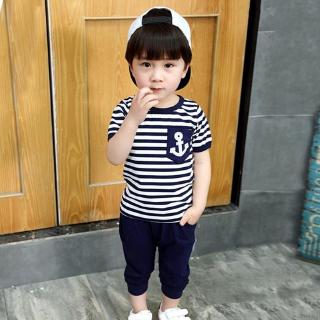 LOK01763 Children Boys' Sets Summer Casual Striped Cotton Short Sleeve T-shirt Letter Print Pants Korean Fashion