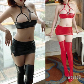 ♫ Sexy Women PU Faux Leather Micro MINI Skirt Bra Wet Look Clubwear Erotic Wear
