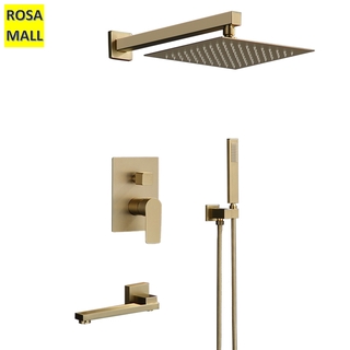 Rosa Mall Bathroom Shower Set Brushed Gold Square Rainfall Shower Faucet Wall or Ceiling Wall Mounted Shower Mixer 8-12" Shower Head