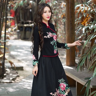 Ethnic Womens Two Piece Sets 2020 Skirt Set Cheongsam Top Embroide Vintage Outfits Traditional